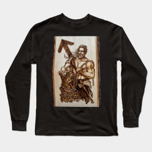 Tyr - nordic god pyrography print, wood texture Long Sleeve T-Shirt